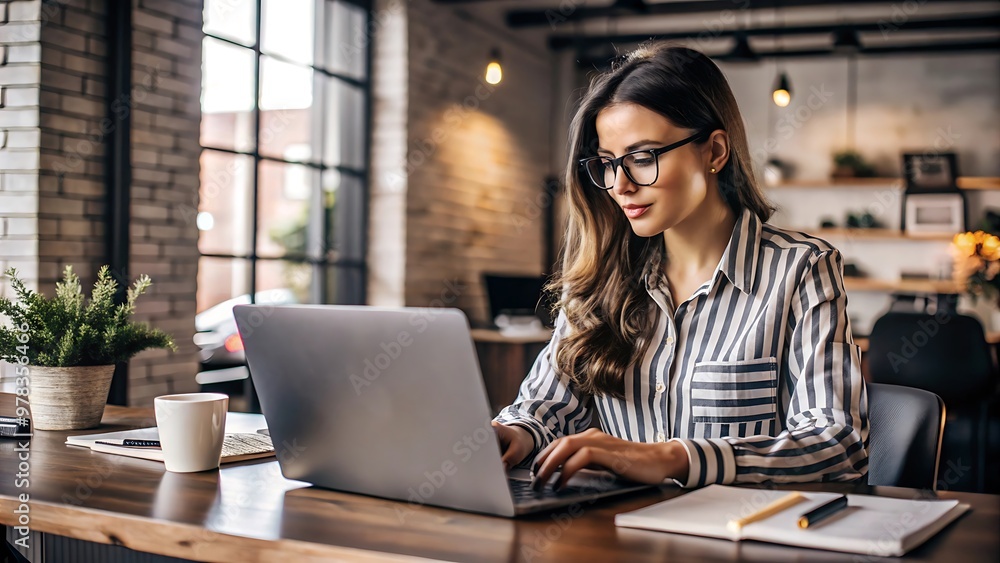 Young Woman Working on Laptop in Office. Young Woman Working on Laptop in Office.
