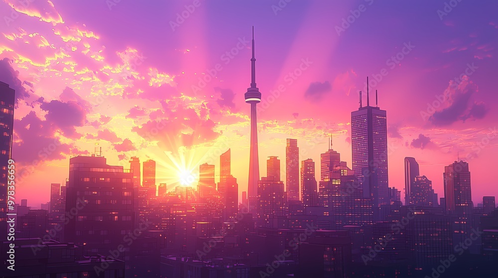 Stunning sunset over a vibrant city skyline with tall buildings and a distant tower. Stunning sunset over a vibrant city skyline with tall buildings and a distant tower.