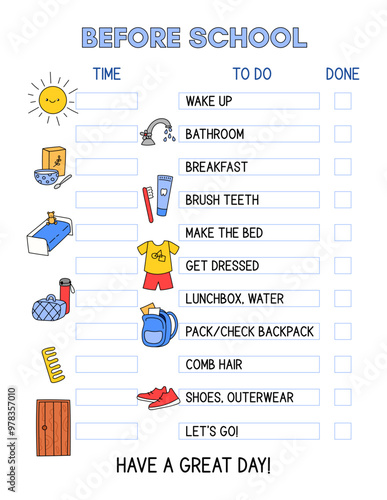 Morning routine chart template. Checklist for kids before school. Morning daily tasks list for children, preparation to school day, time management, organizer. Colorful illustrations, funny clipart