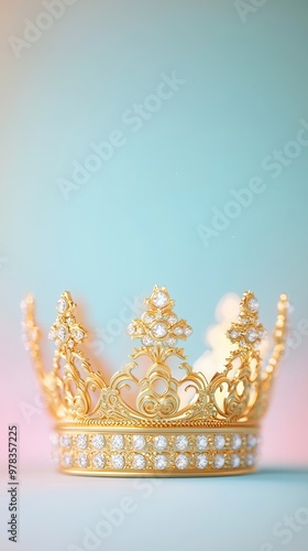 Gold Crown with Diamonds on a Pastel Blue Background.