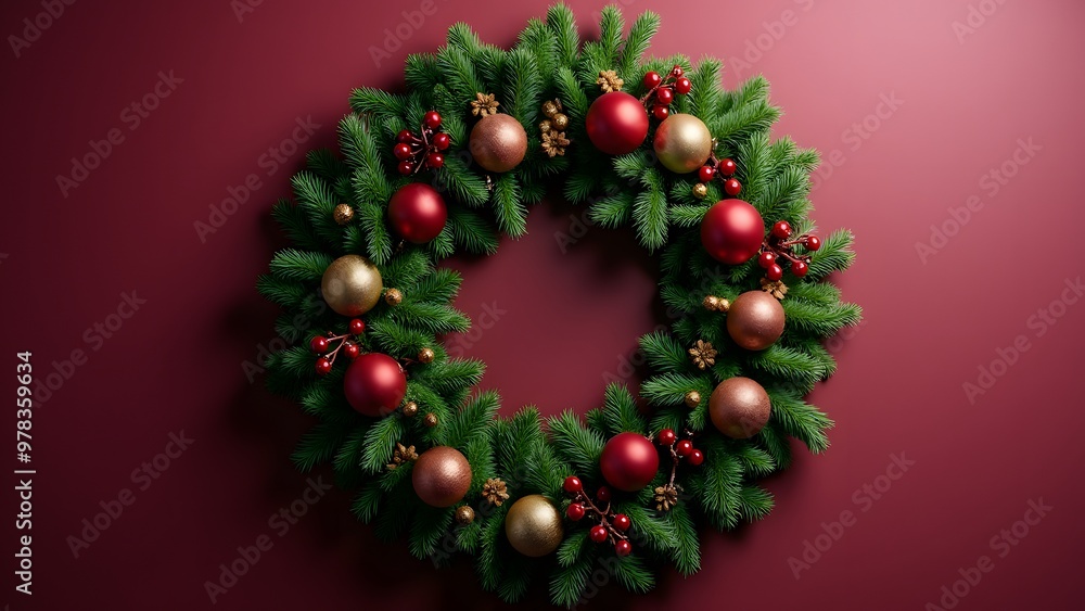 A Christmas wreath with red and gold ornaments on a red background A Christmas wreath with red and gold ornaments on a red background