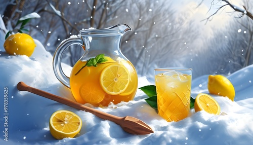 Charming pitcher of homemade lemonade on a snow drift, adorned with lemon halves and a rustic wooden stirrer photo