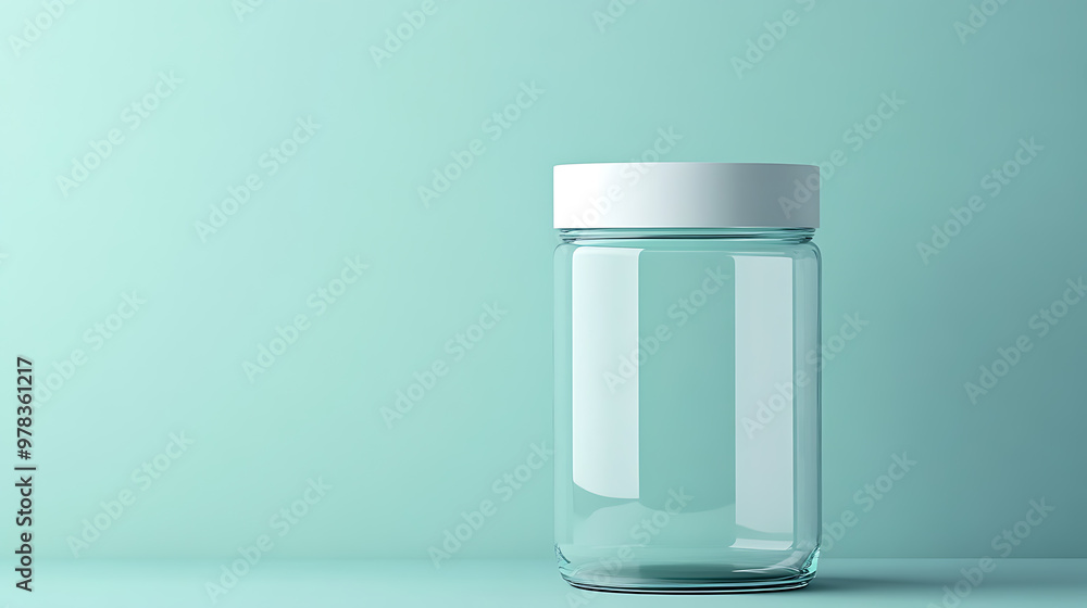 A clear glass jar with a white lid sits against a light blue background. A clear glass jar with a white lid sits against a light blue background.