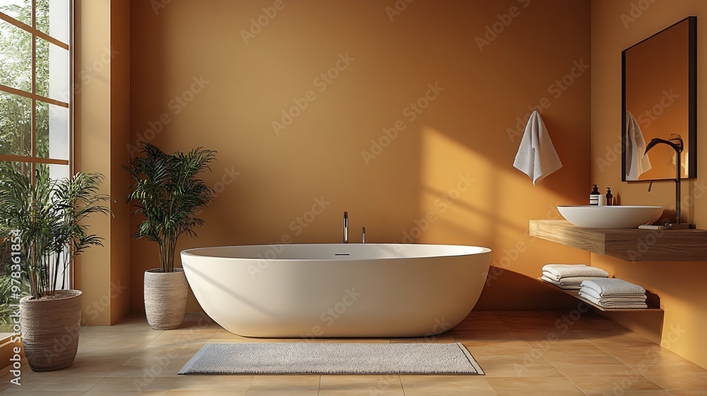 Modern Bathroom Interior with Bathtub Plants and Yellow Walls Modern Bathroom Interior with Bathtub Plants and Yellow Walls