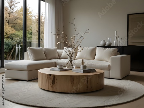 This image showcases a modern, minimalist living room with a clean and elegant design. The layout features a large, white sectional sofa adorned with matching white cushions