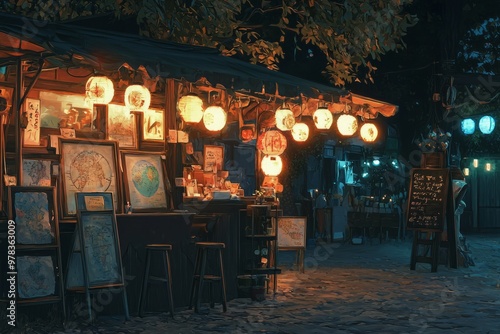 A Relaxed Vintage Market With Stalls Selling Vintage Cameras And Old Maps, Illuminated By The Soft Glow. Cozy Vibe, Generative AI