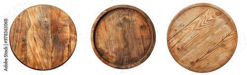 Three round wooden plates, with rustic grain patterns and various textures.