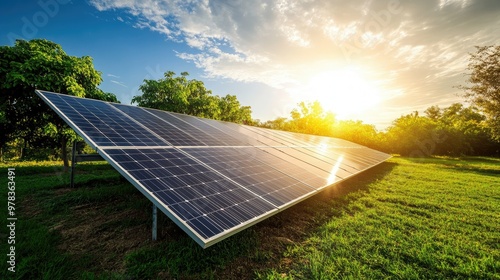 Solar panels in farm with sunlight to create clean renewable energy photo