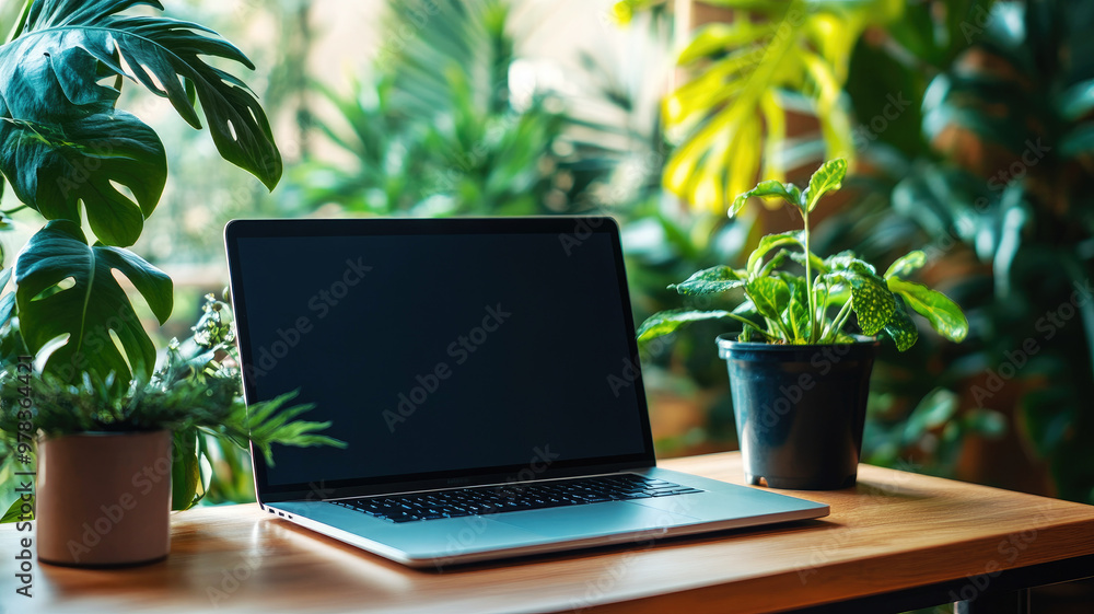 Laptop on a wooden desk with potted plants in a green home office Laptop on a wooden desk with potted plants in a green home office