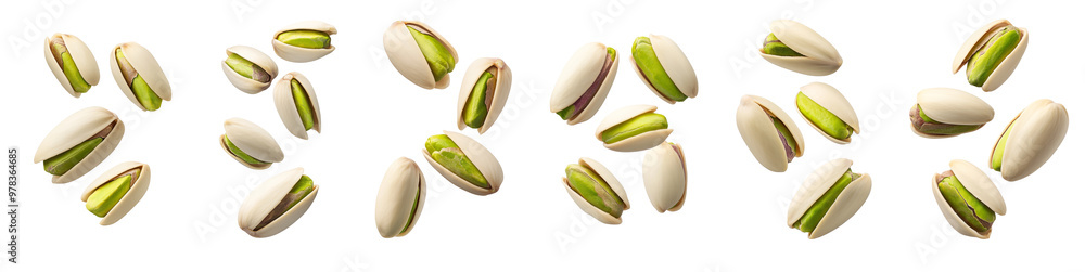 Flying delicious pistachios cut out isolated on white background Flying delicious pistachios cut out isolated on white background