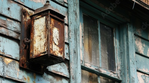 Weathered iron panels, corroded by time, hanging crookedly on the side of an old, dilapidated building with faded paint.