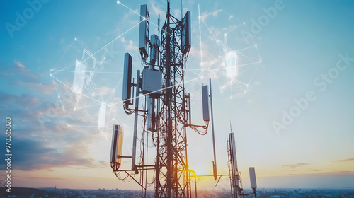 5G base station on a telecommunication tower, connecting to multiple smart devices and IoT systems