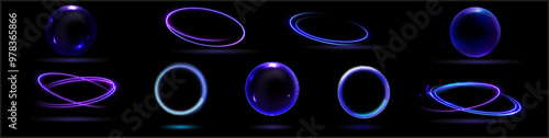 Neon swirl. Curve blue line light effect. Abstract ring background with glowing swirling background. Energy flow tunnel. Blue portal, platform. Magic circle vector.