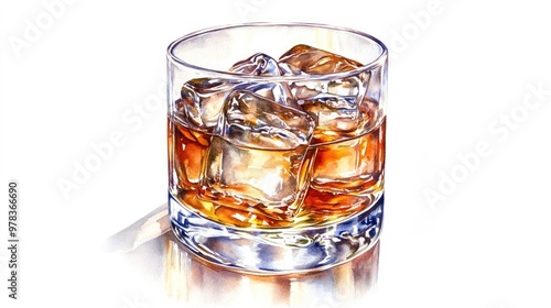 Watercolor glass half-filled with whiskey, brandy, or cognac and ice cubes.