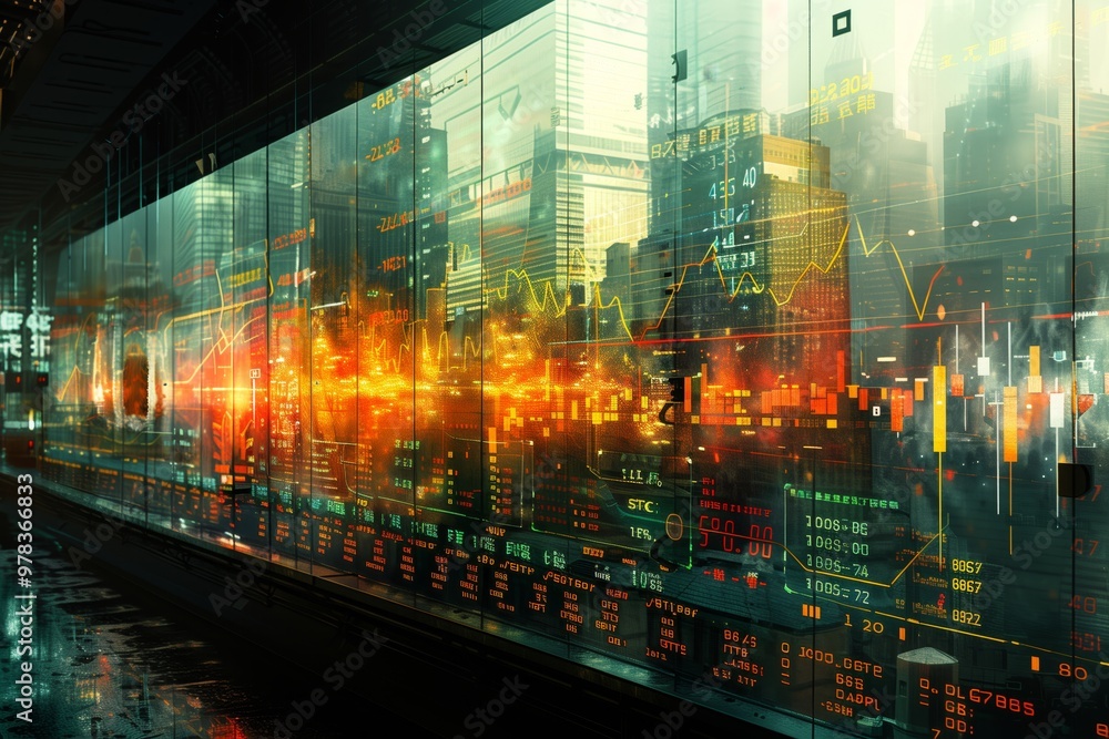 A composite image of a cityscape and numerical data, creating a visual representation of the stock market. Skyscrapers with illuminated windows suggest an urban setting. A composite image of a cityscape and numerical data, creating a visual representation of the stock market. Skyscrapers with illuminated windows suggest an urban setting.