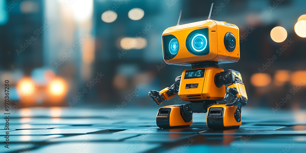 A small, yellow robot with blue eyes sits on a city street at night. A small, yellow robot with blue eyes sits on a city street at night.
