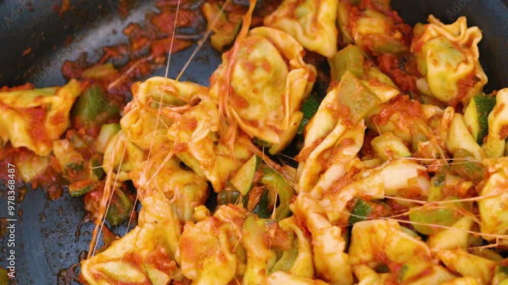 Delicious Italian Cuisine Tortellini in Rich Tomato Passata Sauce with Vegetables Including Peppers and Courgettes Cooked in Frying Pan Outside with Wooden Spoon in Slow Motion Delicious Italian Cuisine Tortellini in Rich Tomato Passata Sauce with Vegetables Including Peppers and Courgettes Cooked in Frying Pan Outside with Wooden Spoon in Slow Motion