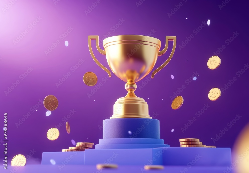 A golden trophy with coins floating around it, in a cartoon style, against a purple background. A golden trophy with coins floating around it, in a cartoon style, against a purple background.