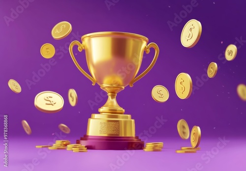 A golden trophy with coins floating around it, in a cartoon style, against a purple background.