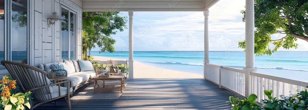 Fototapeta premium 72. **A cozy beachside cottage with a wraparound porch, ocean views, and a relaxed, inviting atmosphere. The background includes sandy beaches and a clear sky.