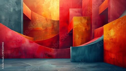 Colorful abstract structure with a variety of geometric shapes. Structure, composed of blocks with both curved and straight edges, is painted in a spectrum of colors from deep red to bright orange. 