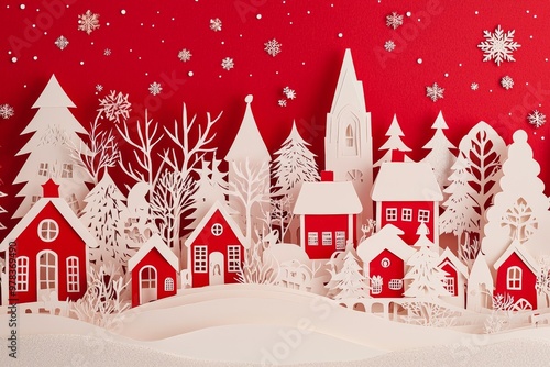 red and white paper cut Christmas village under a starry sky. of the holiday season.