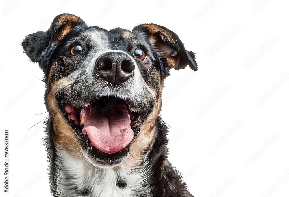 Photorealistic close-up of an excited dog with tongue out, ears perked, and expressive eyes. Perfect for pet-related projects or joyful animal themes. Pet. Photorealistic close-up of an excited dog with tongue out, ears perked, and expressive eyes. Perfect for pet-related projects or joyful animal themes. Pet.