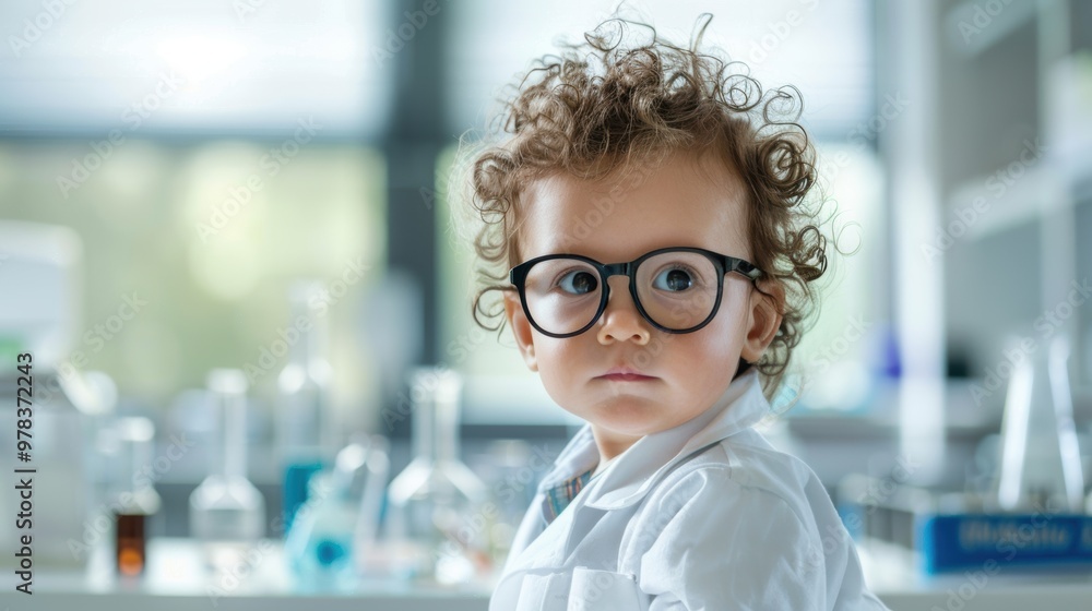 Child in a lab coat and large glasses, observing a beaker in a modern laboratory setting Child in a lab coat and large glasses, observing a beaker in a modern laboratory setting
