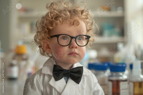 Child in a plaid suit and bow tie, wearing glasses, standing confidently in front of a chalkboard with doodles photo