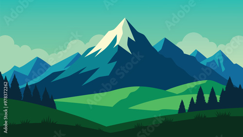 View of mountains adorned with a mix of rocks and lush green grass, showcasing nature's rugged beauty flat vector illustration