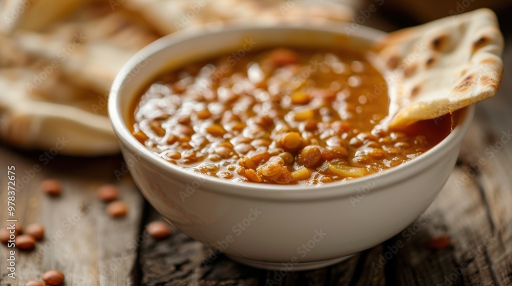 Close-Up of Rich Lentil Soup in White Ceramic Bowl with Crispy Pita Bread on Warm Wooden Background Close-Up of Rich Lentil Soup in White Ceramic Bowl with Crispy Pita Bread on Warm Wooden Background