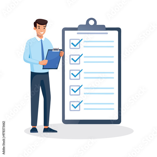 Man holding a clipboard with a checklist, set against a blue background, focused on task management. flat vector illustration on white background.