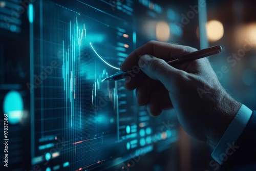 Businessman drawing a growth graph with a digital screen and financial data, a Business people concept on a blue background.