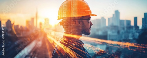 Double exposure of an engineer and a train, symbolizing the future of railway technology. photo