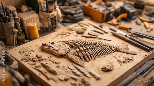 Ancient fish fossil alongside paleontologists tools, detailed fossil showing fine scales and bone structure, tools such as brushes and chisels nearby, warm, natural light focusing on the fossil, photo