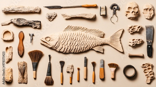 Ancient fish fossil alongside paleontologists tools, detailed fossil showing fine scales and bone structure, tools such as brushes and chisels nearby, warm, natural light focusing on the fossil, photo