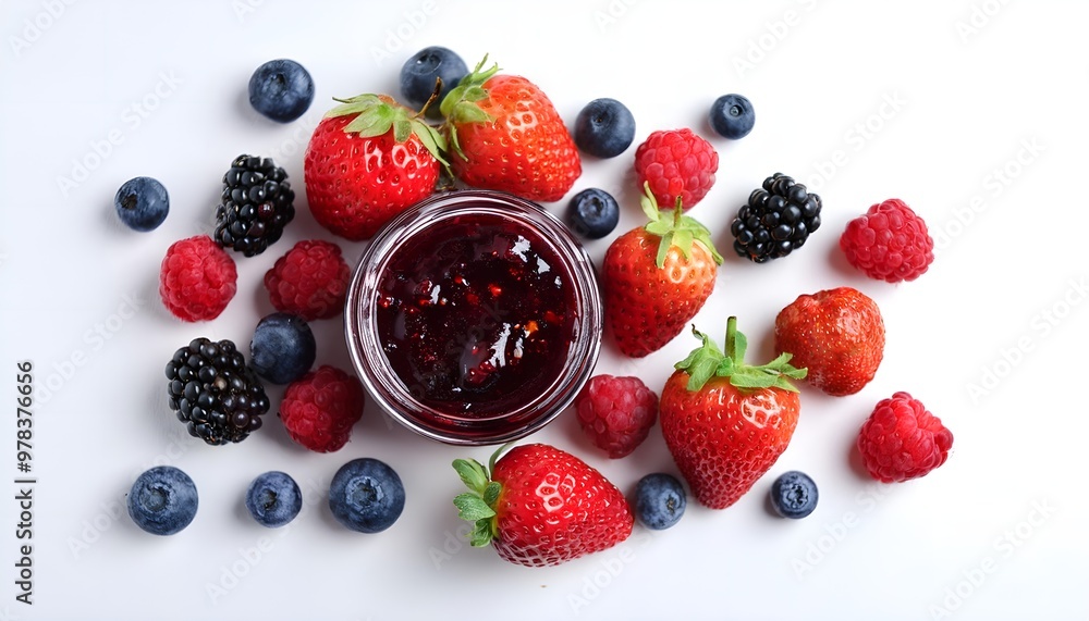 Top view,Mix berry fruits and jam on white background Top view,Mix berry fruits and jam on white background