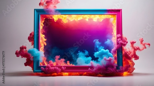 Colorful Smoke Swirls Enveloping a Vivid Framed Canvas Creating an Artistic Atmosphere