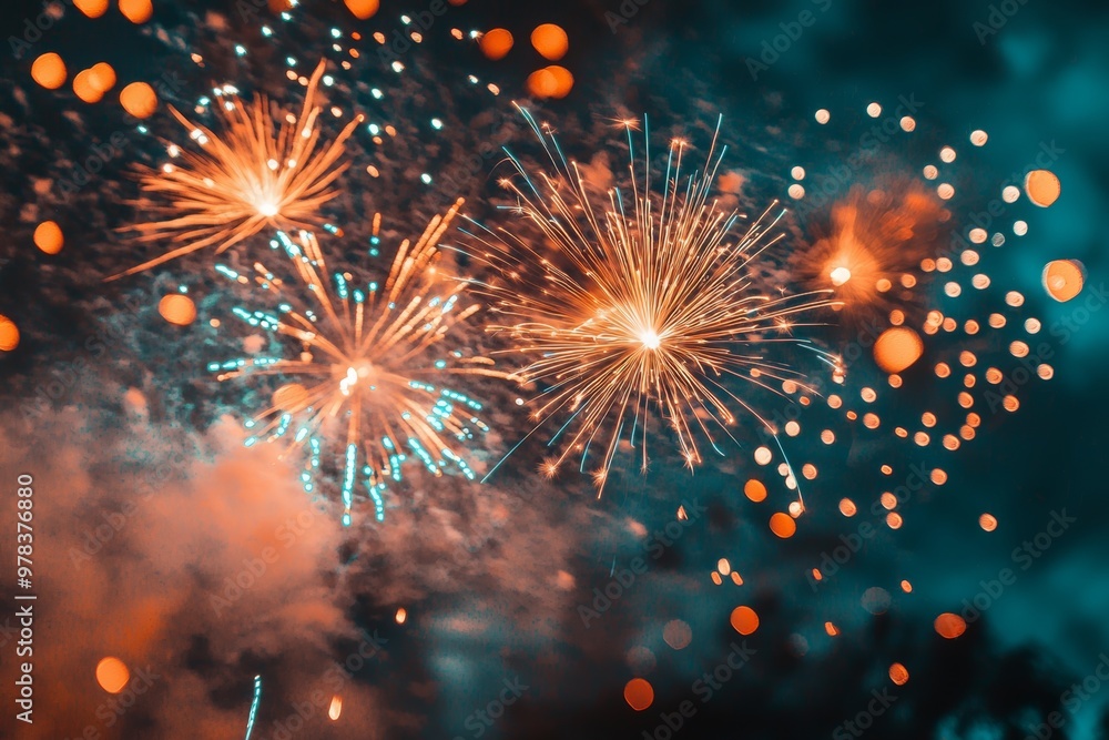 Obraz premium Fireworks exploding in the night sky, shining beautifully with vibrant colors.