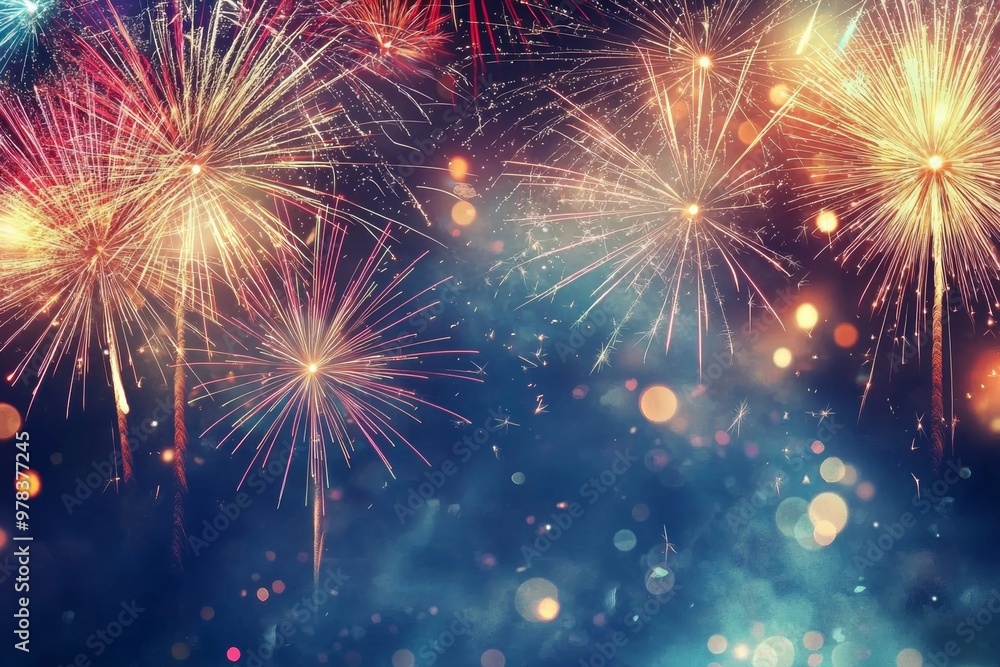 Obraz premium Fireworks exploding in the night sky, shining beautifully with vibrant colors.