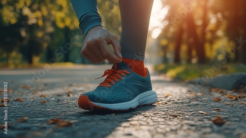 Male runner tying her shoes preparing for a jogging 