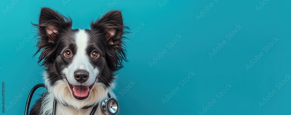 Adorable Border Collie Dog with Stethoscope on Blue Background for Pet Hospital Banner, Minimalist Design Concept
Adorable Border Collie Dog with Stethoscope on Blue Background for Pet Hospital Banner, Minimalist Design Concept