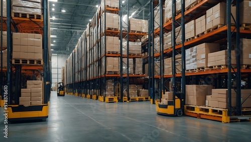 Large Warehouse Filled With Stacked Boxes and Forklifts Operating During Daytime