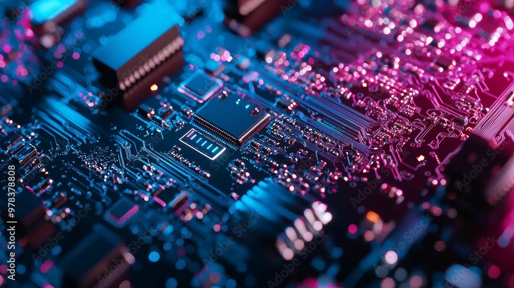 Close-up of electronic circuit board with neon lighting Close-up of electronic circuit board with neon lighting