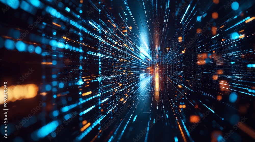 Naklejka premium High-speed digital data streams in a futuristic tunnel