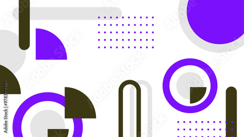 Abstract geometric pattern with vibrant purple circles and shapes on a white background. A dynamic abstract design featuring geometric shapes in vibrant purple and muted brown tones white background