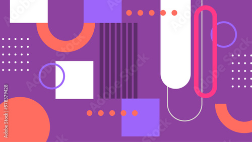 Colorful geometric abstract background with circles and squares on a vibrant purple canvas. The vivid purple background enhances the modern and dynamic feel, perfect for contemporary art uses