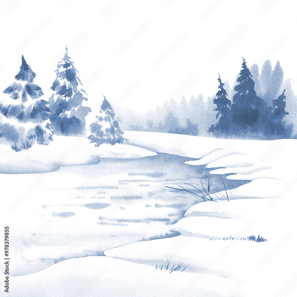 Obraz premium Winter landscape, snow-covered firs and river. Watercolor monochrome illustration of lake in snow with forest. Minimalistic background for card, poster, banner design. Winter holidays