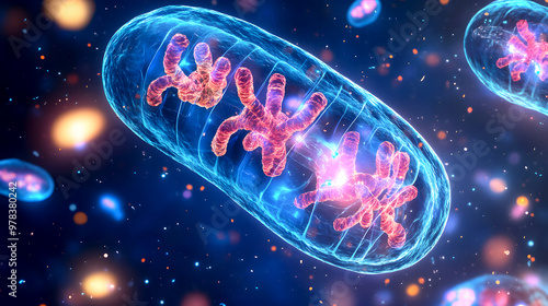 ATP production in mitochondria/ Illustration of mitochondria producing ATP through cellular respiration photo