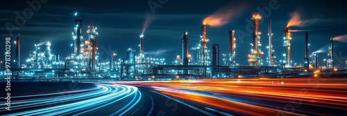 Night view of an industrial plant with light trails and city lights in the background. photo